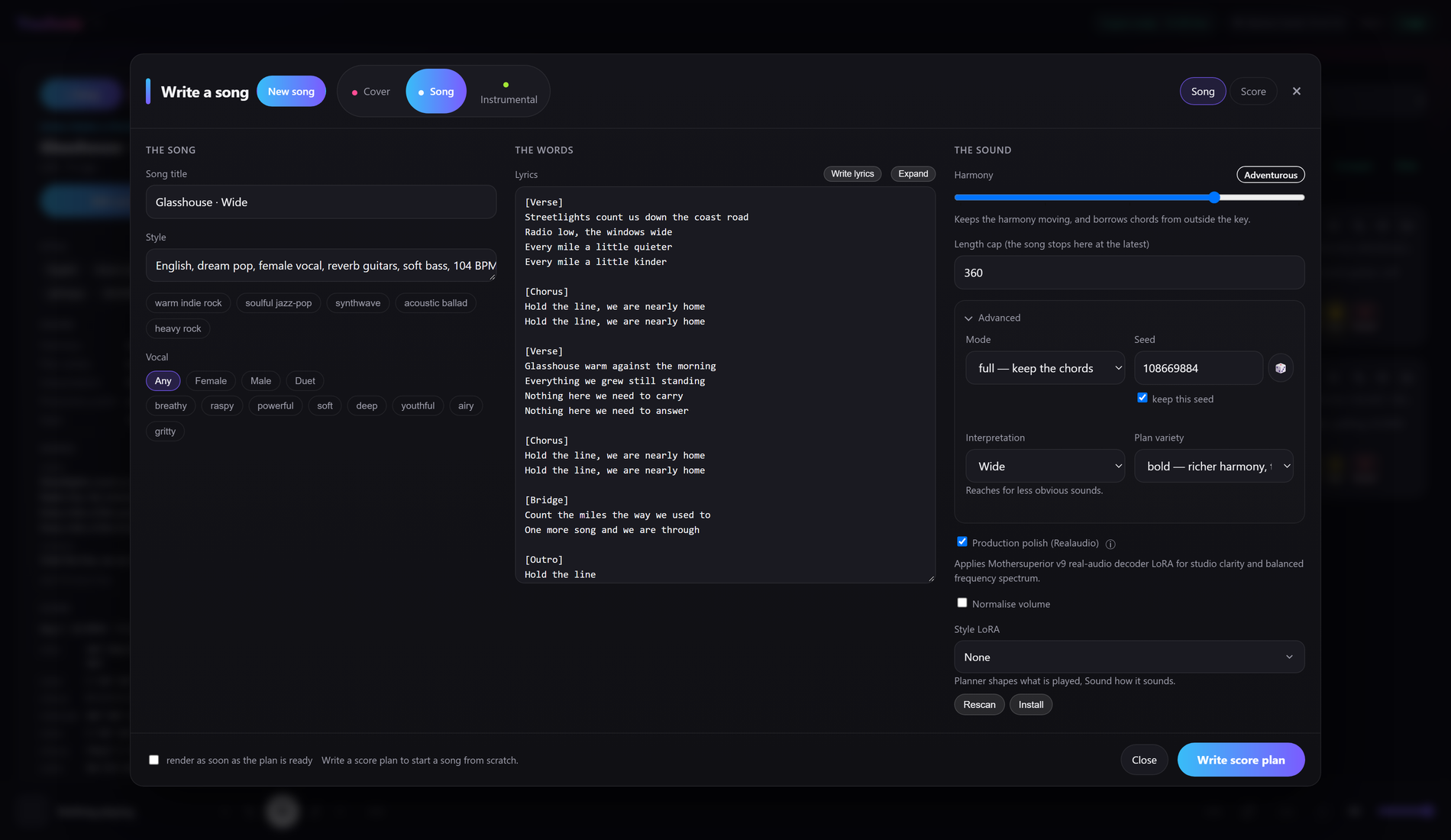 The editor: a song's words, style, score and sound settings